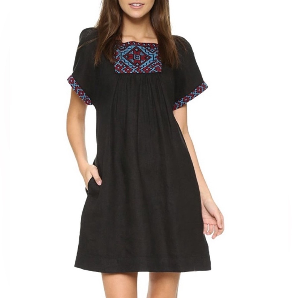 Madewell Black Embroidered Wander Mini Dress 100% Linen Womens size Lrg